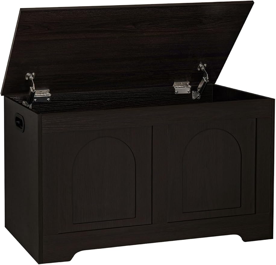 Storage Chest, Wooden Toy Box, Espresso 31.5" L | Entryway Shoe Bench, 2 Soft-close Hinges, Finger-safe Flip-Top Lid, Easy Assembly, Farmhouse Large Trunk, Living Room/Bedroom