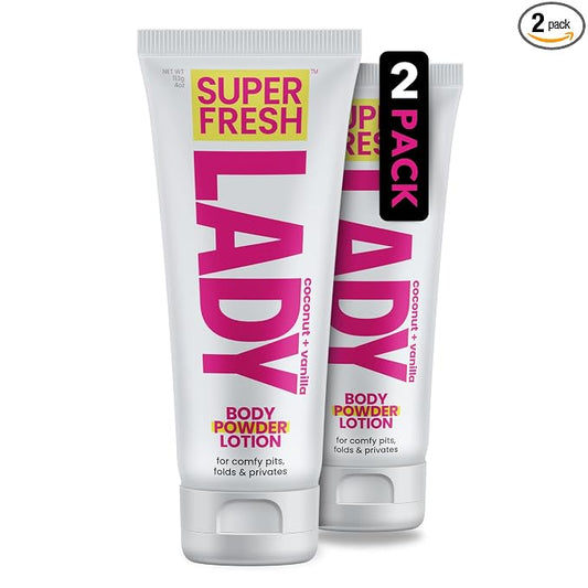 Whole Body Deodorant for Women by Super Fresh Lady Aluminum Free Powder Lotion for Privates and Body Stops Odor and Chafing Coconut Vanilla Scent 4 oz Tubes Twin Pack for Daily Feminine Care