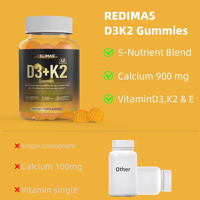 Calcium Gummies with Vitamin D3, K2 and Vitamin E, Chewable Calcium and Magnesium Supplement with Multi-Vitamin Complex, Gummy Format for Daily Nutrient Intake for Women and Men, 60 Gummies