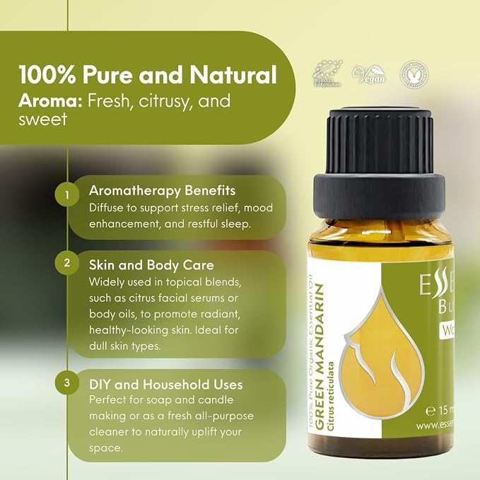Essences Bulgaria Organic Green Mandarin Essential Oil 0.51 Fl Oz 15ml Citrus reticulata - 100% Pure and Natural Undiluted Therapeutic Grade Aromatherapy Diffuser Humidifier Candle Making Body Oil