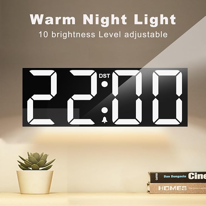 JALL 22" Large Digital Wall Clock, Big LED Number Dispaly, DST, Night Light for Classroom, Living Room, Bedroom, Mounted, Birthday Xmas Gift for Senior, Mem Womem Mom Dad, White