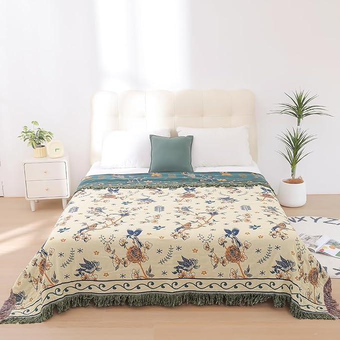 VANJOROY Boho 100% Organic Cotton Muslin Large Throw Blanket 60" x 80" - All Season Rustic Ultra Soft Breathable Floral Bird Blanket for Bed Sofa Couch Chair Bedspread Quilt Gift,-Teal/Green