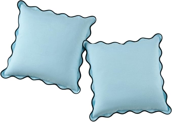 Scalloped Throw Pillow Covers Set of 2 for Living Room, Boho Sytle Decorative Home (Blue & Teal, 18x18 Inch)