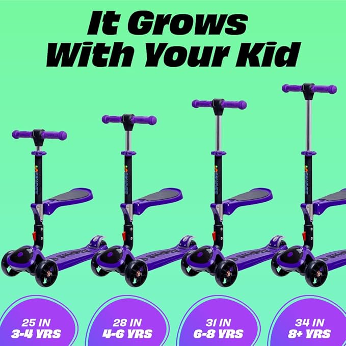 SKIDEE Kick Scooter for Kids Foldable 3 Wheel Scooter with Lean-to-Steer, Adjustable Height, Removable Seat & LED Light Wheels | Toddler Scooter Up to 12 Year Old Boys/Girls