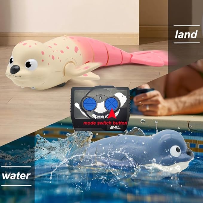 Pool Toys Amphibious Remote Control Lazy Seal 2.4Ghz Rechargeable Battery Cute Toys Robot Fish Remote Control Shark Car Bath Toys Interactive Crawling Toys for Toddler Kids 3,4,5 Years Old Boys Girls