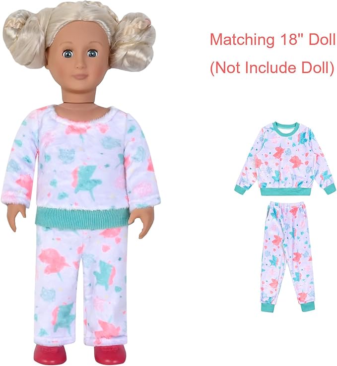QPANCY Matching Doll & Girls Fleece Pjs Set kids Fall Winter Long Sleeve Sleepwear 2 Piece Pajamas