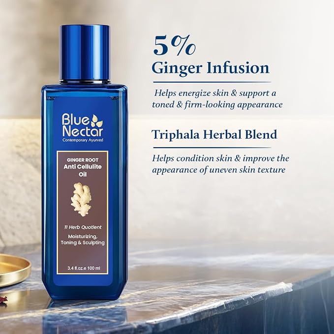 Blue Nectar Ginger Oil Anti Cellulite Body Massage Oil for Skin Tightening, Toning| Authentic Ginger Root Massage Oil with Plant Based Vitamin B & C for Women and Men (11 Herbs, 6.76 Fl Oz)