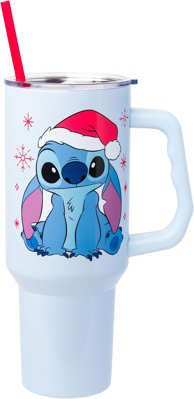 Silver Buffalo Disney Lilo and Stitch Christmas Holiday Santa Hat and Snowflakes Double Walled Stainless Steel Tumbler with Handle and Straw, Fits in Standard Cup Holder, 40 Ounces