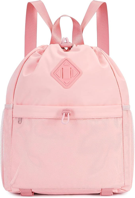 WANDF Drawstring Backpack for Women, Lightweight Gym Bag with Yoga Mat Strap, Water-Resistant String Backpack with Mesh Pocket (Pink, Patent Pending)