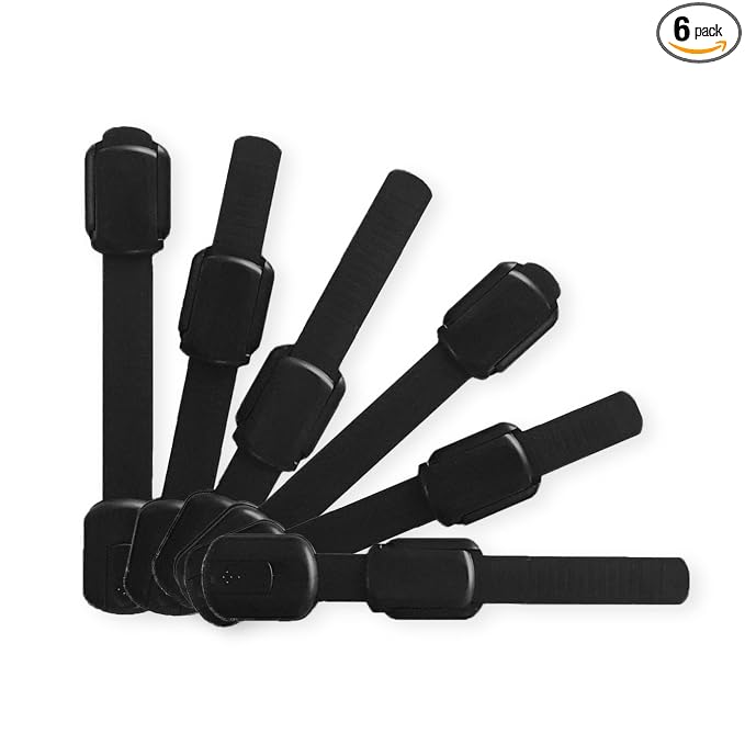 Adjustable & Reusable Child Safety Cabinet Locks & Latches, Baby Proofing Door Window, Cabinet, Toilet, & Refrigerator Lock, Child Safety Strap Locks with Adhesive Pads, Pack of 6, Black - Wonderkid