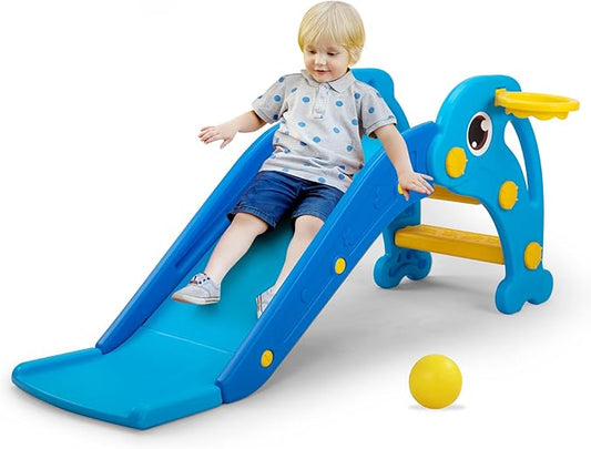 NYEEKOY 3 in 1 Toddler Slide, Baby Slide Plastic Climber Playset with Basketball Hoop and Ball, Indoor and Outdoor Playground for Kids
