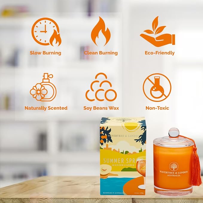 Luxury Summer Spritz Soy Wax Candle - Hand Poured in Australia, 11.66 oz Glass Jar Fancy Candle, Strong Scented, Non-Toxic, Long Lasting 60 Hour Burn, Refreshing Natural Citrus Candle Gift