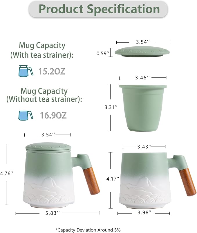 ZENS 16.9 oz Embossed Ceramic Tea Mug with Infuser and Lid, Loose Leaf Steeper, Wood Handle, Matte Glazed, Gift for Tea Lovers