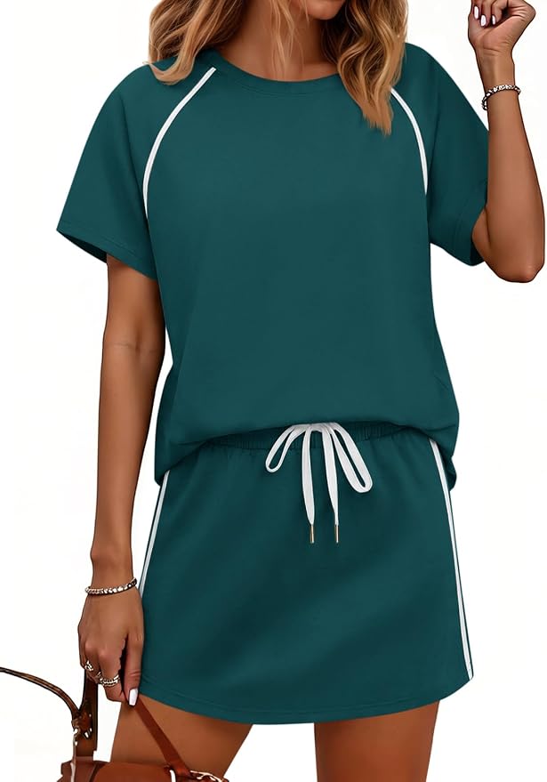 Womens 2 Piece Skirt Sets Summer Tennis Outfits Vacation Skort Set | Two Piece Sets, Short Set, Athletic Workout Golf Outfits, Crew Neck, Color Block, Drawstring, Workout Mathcing Lounge Sets