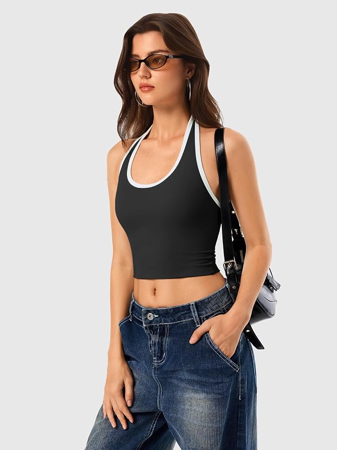 Halter Workout Top for Women: Open Back Sports Bra Color Block Tops with Built in Bra Yoga Gym Crop