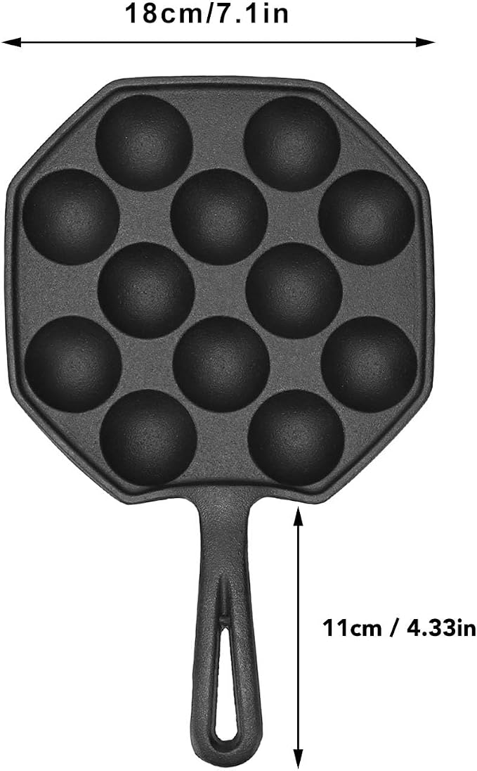 HERCHR 12 Grid Takoyaki Pan, Cast Iron Octopus Meatballs Frying Pan 18cm/7.09in Diameter Non Stick Omelet Breakfast Maker Skillet for Home Cooking