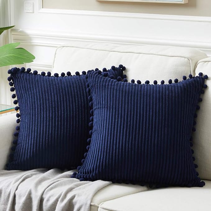 Fancy Homi Pack of 2 Euro Decorative Throw Pillow Covers 24x24 with Pom-poms, Soft Corduroy Solid Square Cushion Cases Set for Couch Sofa Bedroom Car Living Room (24x24 Inch/60x60 cm, Navy Blue)