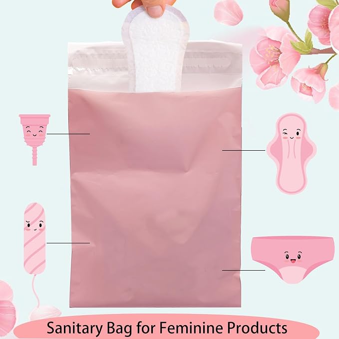 Sanitary Napkin Disposal Bags Feminine Hygiene Bags,100Pcs, Pink, 5.9x9.8IN | Disposable Period Trash Bags, 1.67 Mil Thickness, Self-adhesive, For Pads and Tampons, Blocks Odors