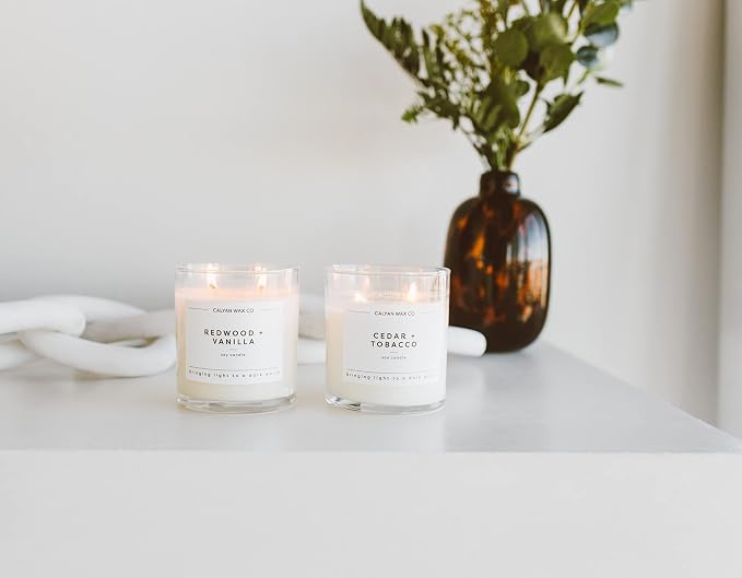 Calyan Wax Co. Redwood & Vanilla 2 Wick Scented Candle - 37 Hour Burn - Luxury Clean Soy Wax Candles - Long Lasting Large Glass Jar Candle for Home - 8.8oz