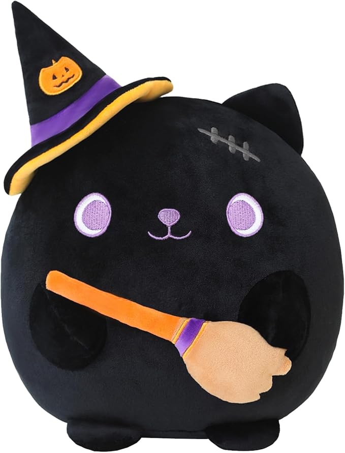 Halloween Cat Stuffed Animal Toy Mysterious Witch with Broom Stuffed Plush Home Decor Halloween Party Gifts for Kids Girls and Boys（Witch Broom Cat 10 Inch）