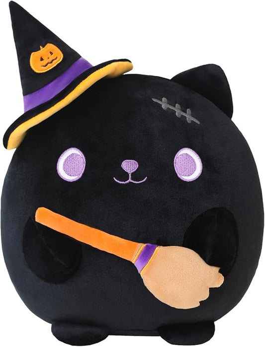 Halloween Cat Stuffed Animal Toy Mysterious Witch with Broom Stuffed Plush Home Decor Halloween Party Gifts for Kids Girls and Boys（Witch Broom Cat 10 Inch）