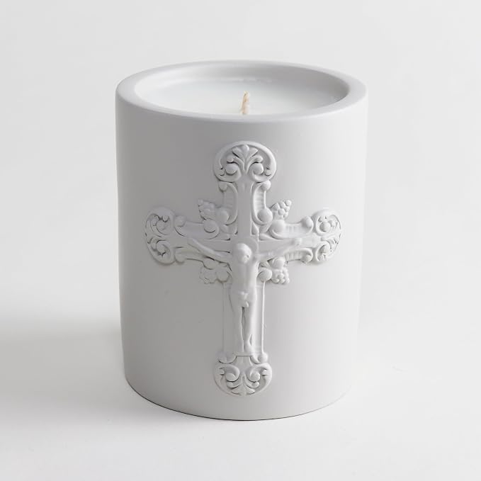 SAINT Santa Cruz Scented Candle with Prayer and Prayer Coin | Nadu Sandalwood in Decorative, Concrete Jar - Soy Coconut Aromatherapy Candle with 80 Hour Burn Time, Special Edition