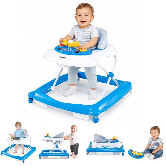 HONEY JOY Baby Walker, 5 in 1 Infant Activity Walker with Wheels, Music, Removable Cushion, Toddler Foldable Push Walker for Boys Girls, Anti-Rollover Walkers for Babies 7-14 Months (Blue)