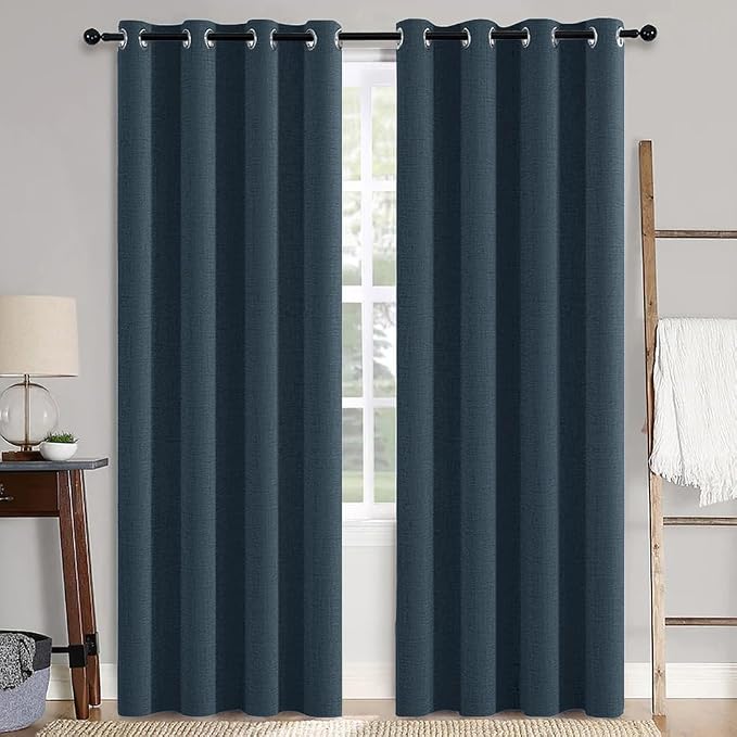 MIULEE 100% Blackout Linen Textured Curtains for Bedroom Solid Thermal Insulated Navy Grommet Room Darkening Curtains & Drapes Luxury Decor for Living Room 52 x 108 Inch (2 Panels)
