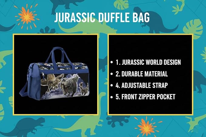 Jurassic World Kids Duffle Bag 16.5" – Dinosaur Travel & Sports Bag with Zipper Pocket, Mesh Side Pockets & Strap