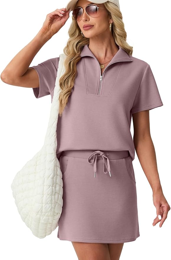 GRECERELLE Women's Summer 2 Piece Skort Set Half Zip Short Sleeve Top & Pocketed Tennis Skirt For Sports & Vacations.