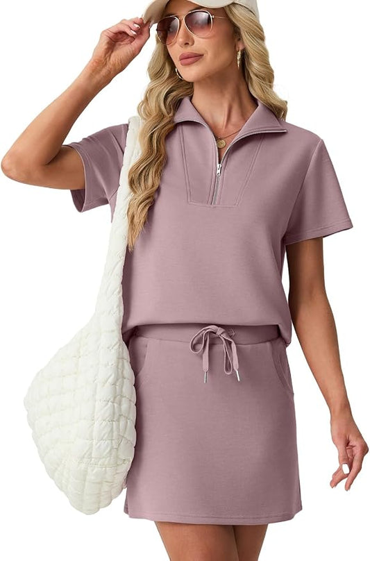 GRECERELLE Women's Summer 2 Piece Skort Set Half Zip Short Sleeve Top & Pocketed Tennis Skirt For Sports & Vacations.