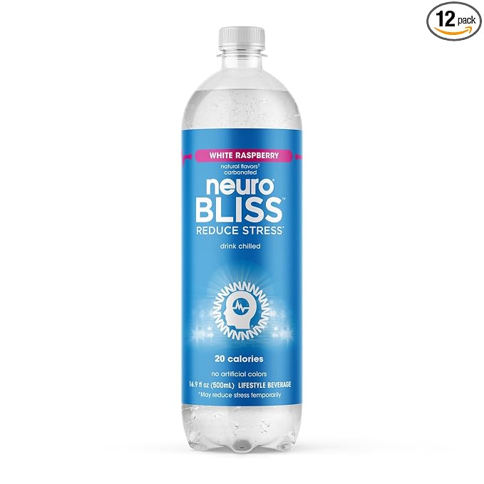 neuroBLISS | White Raspberry | Functional Beverage for Reducing Stress, Lightly-Carbonated, Vegan & Low Sugar; 16.9 Fl Oz (Pack of 12)