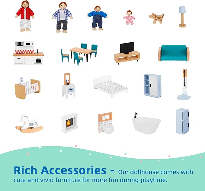 OOOK Wooden Dollhouse with Liftable Elevator - 2.6 Feet High Modern Doll House for Kids Toddlers - Including 21 Furniture Pieces, 4 Family Dolls, and 1 pet