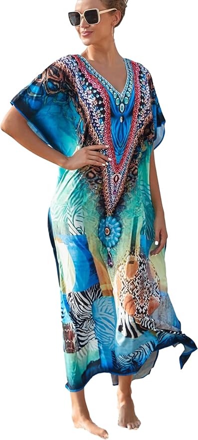 Venasha Womens Caftan Floral Print Kaftan Dress Short Sleeve Swimsuit Cover up Loungewear for Summer