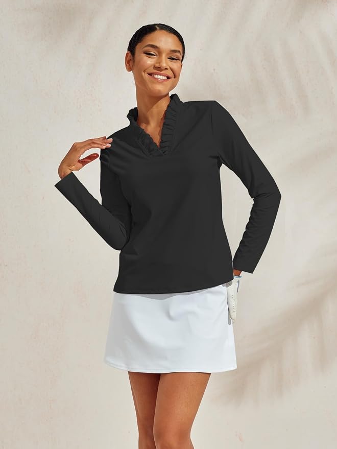 ACEGOLFS Womens Golf Polo Shirts Casual Ruffle V Neck Long Sleeve Tops for Women UPF 50+ Rash Guard Ladies Pullover Shirt