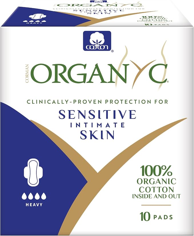 Organyc 100% Certified Organic Cotton Inside and Out Feminine Pads, Sanitary Napkin, Heavy Flow, 10 Count