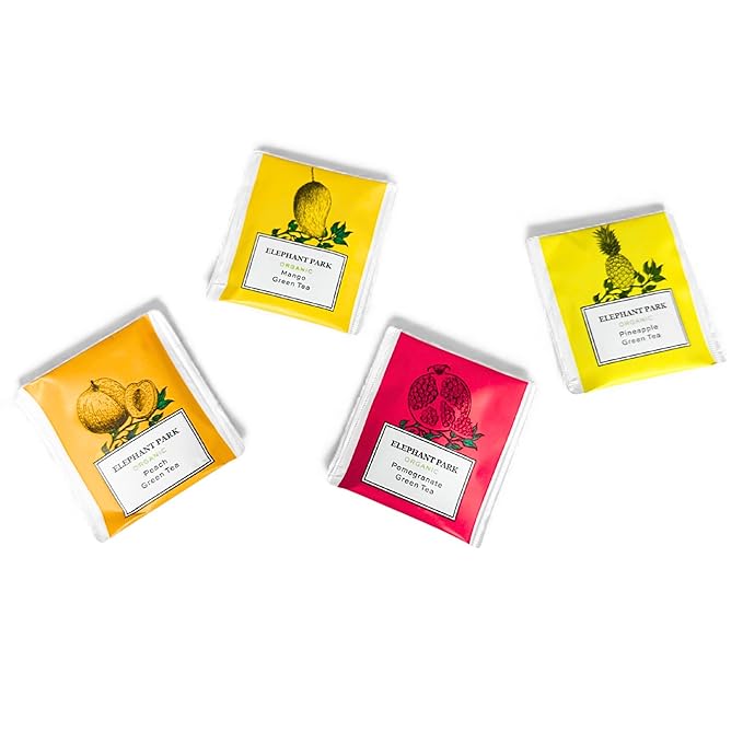 Elephant Park Premium Organic Fruit Green Tea Sampler, 100 Count Assorted Tea Bags, Caffeinated & Herbal Variety Pack Pineapple, Pomegranate, Mango, Peach Flavors