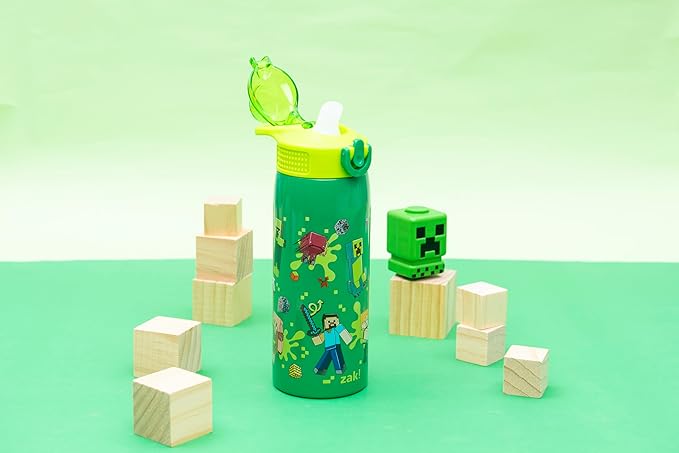 Zak Designs Minecraft Sage Kids Water Bottle For School or Travel, 19oz Stainless Steel Water Bottle With Straw, Handle, and Leak-Proof, Pop-Up Spout Cover (Steve, Alex, Mobs)