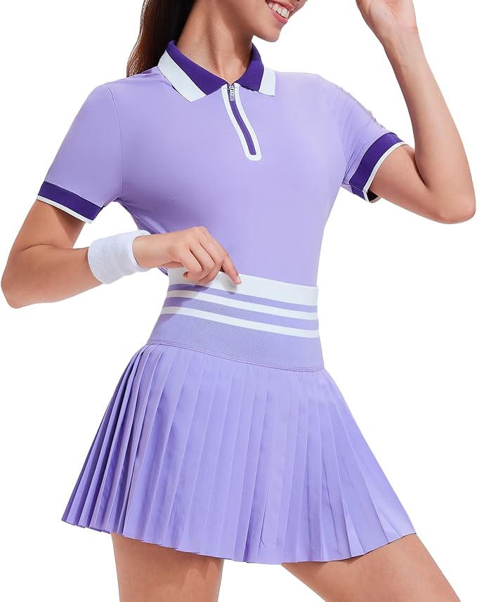 Tennis Skirt Sets for Women Zipper Color Block High Waisted Golf Polo Two Piece Skirt Set Women 2 Piece Outfits