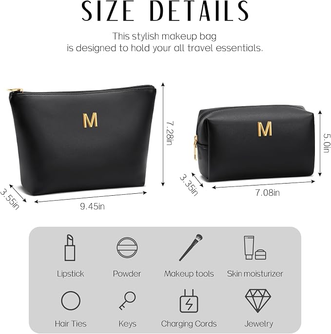 Women Gifts | Initial Makeup Bag for Girl Personalized Gifts for Bridesmaid Friend PU Leather Cosmetic Travel Toiletry Bag(Black,M)