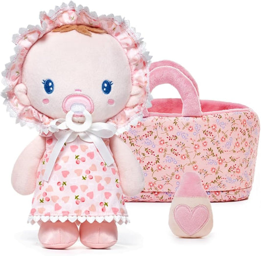 LeyaDoll Soft Baby Doll Gift Set - First Baby Doll Accessories Plush Rag Sleeping Cuddle Buddy Doll Toy Mini Pink Set for Kids Girls (9'') - Cherry Baby