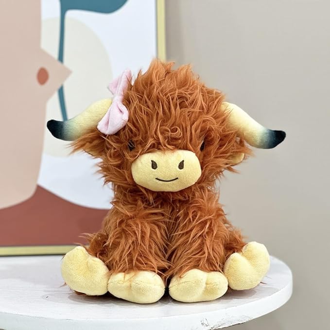 Highland Cows Stuffed Animals Plush, Cute Fluffy Bowknot Highland Cow Plushies Figure Toys Decor Gifts for Kids Baby Girls Boys