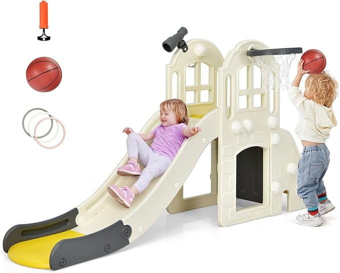 Generic FUTADA 6 in 1 Toddler Slide, Indoor & Outdoor Playground Set with Basketball Hoop, Ring Toss, Telescope, Crawl Through Space, Kids Climber Slide Gift for Indoors Outdoor Boys Girls (Yellow)