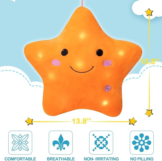 DearSun 13''Creative Twinkle Star Colorful Night Light Plush Pillows Light up Night Stuffed Toys Perfect for Birthday Christmas Holiday Valentines (Orange)