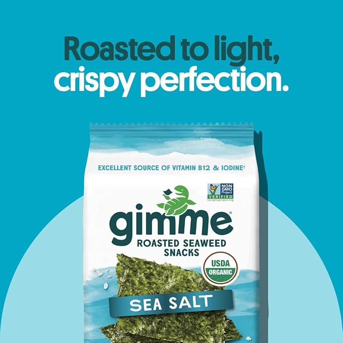 Gimme Seaweed Organic Premium Roasted Seaweed Snacks, Sea Salt, Keto, Vegan, Gluten-Free, Great Source of Omega3s and Iodine, Healthy On-The-Go Snack for Kids and Adults, 20 Count (Pack of 2)