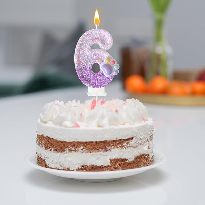 Pink Cat and Dog Paw Birthday Number Candles, Cupcake Decorations, Dog Theme Candles, Suitable for Party Celebrations, Birthday Decoration Supplies (Number 6)