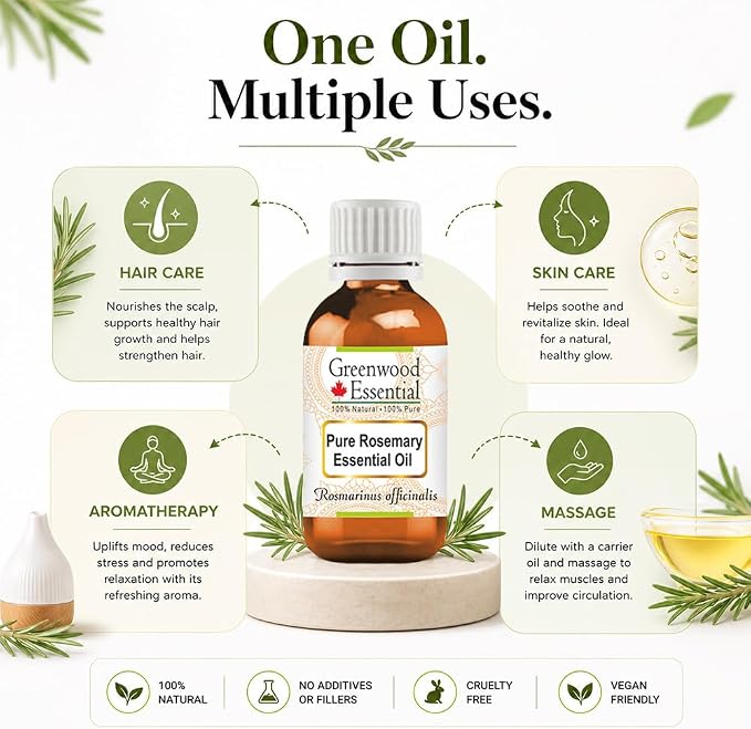 Greenwood Essential Pure Rosemary Essential Oil (Rosmarinus officinalis) Steam Distilled 5ml (0.16 oz)