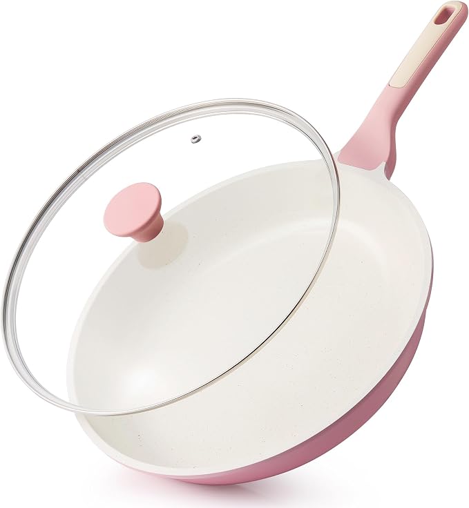 SENSARTE 12.5In Nonstick Ceramic Frying Pan with Lid, PFAS/PTFE Free, Pink | Ceramic Omelette Pan Skillet, Healthy Non-toxic Chef's Pan, Induction Compatible Pan, Heat Resistant Handle