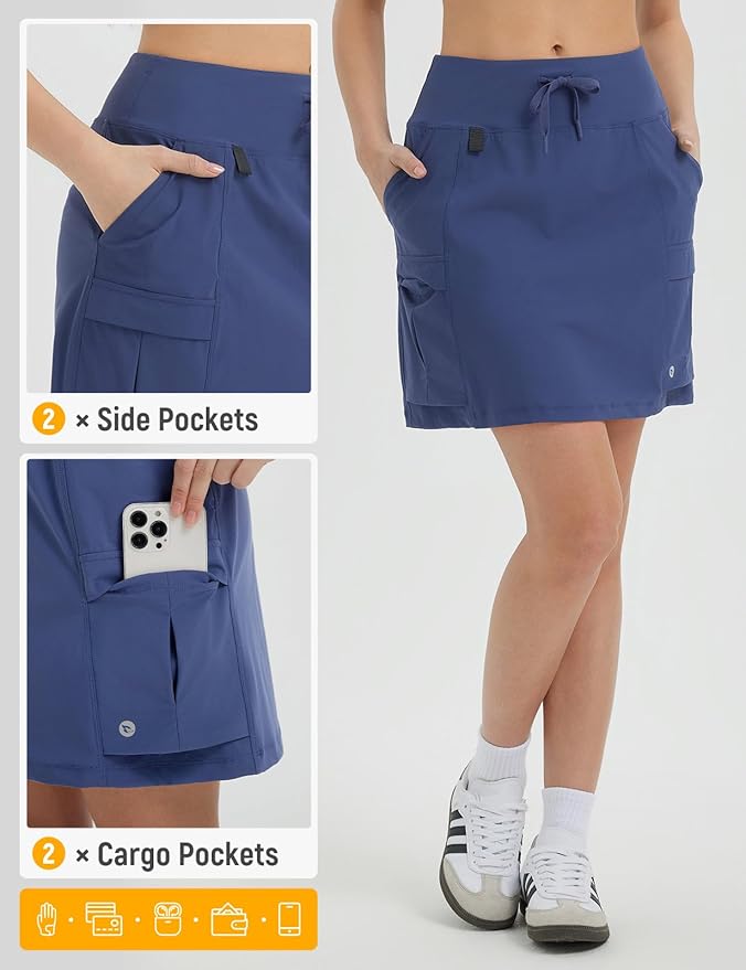 baleaf Women's 16" Hiking Cargo Skort with Pockets Knee Length Skirts | 4 Cargo Pockets, High Waisted, Built-In Shorts, UPF 50+ Sun Protection, Quick Dry, Stretch, Hiking, Golf, Outdoor, Casual