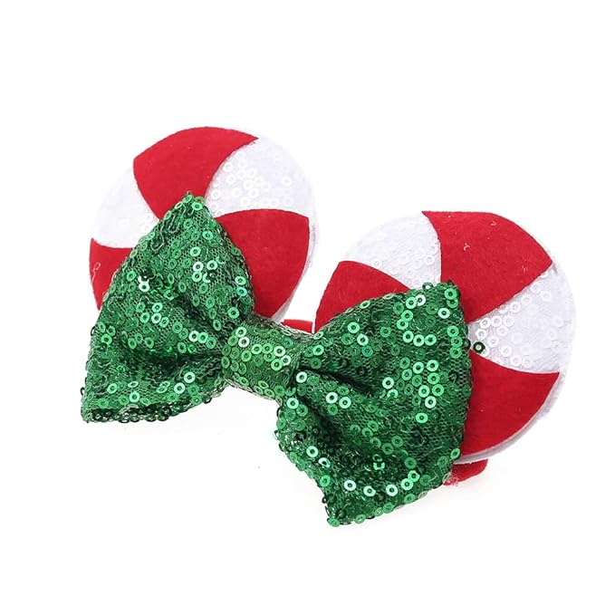 JIAHANG Christmas Mouse Ear Nylon Headband with Sequin Bow and Lollipop Pattern, Red Soft Elastic Hair Bow Hair Band, Party Headwear for Baby Girls